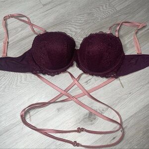 Victoria’s Secret Pink Lace Date Push Up Bra Sexy Strappy 36D Romantic Intimate